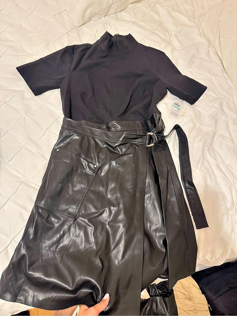Dkny Black Faux Leather Midi Dress Size Small NWT